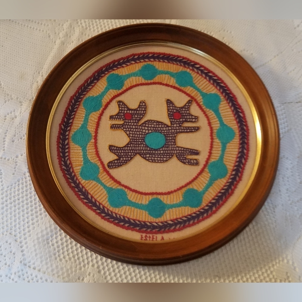 Vintage Mexican Round Wood Framed Cross Stitch Dogs Ready to Hang